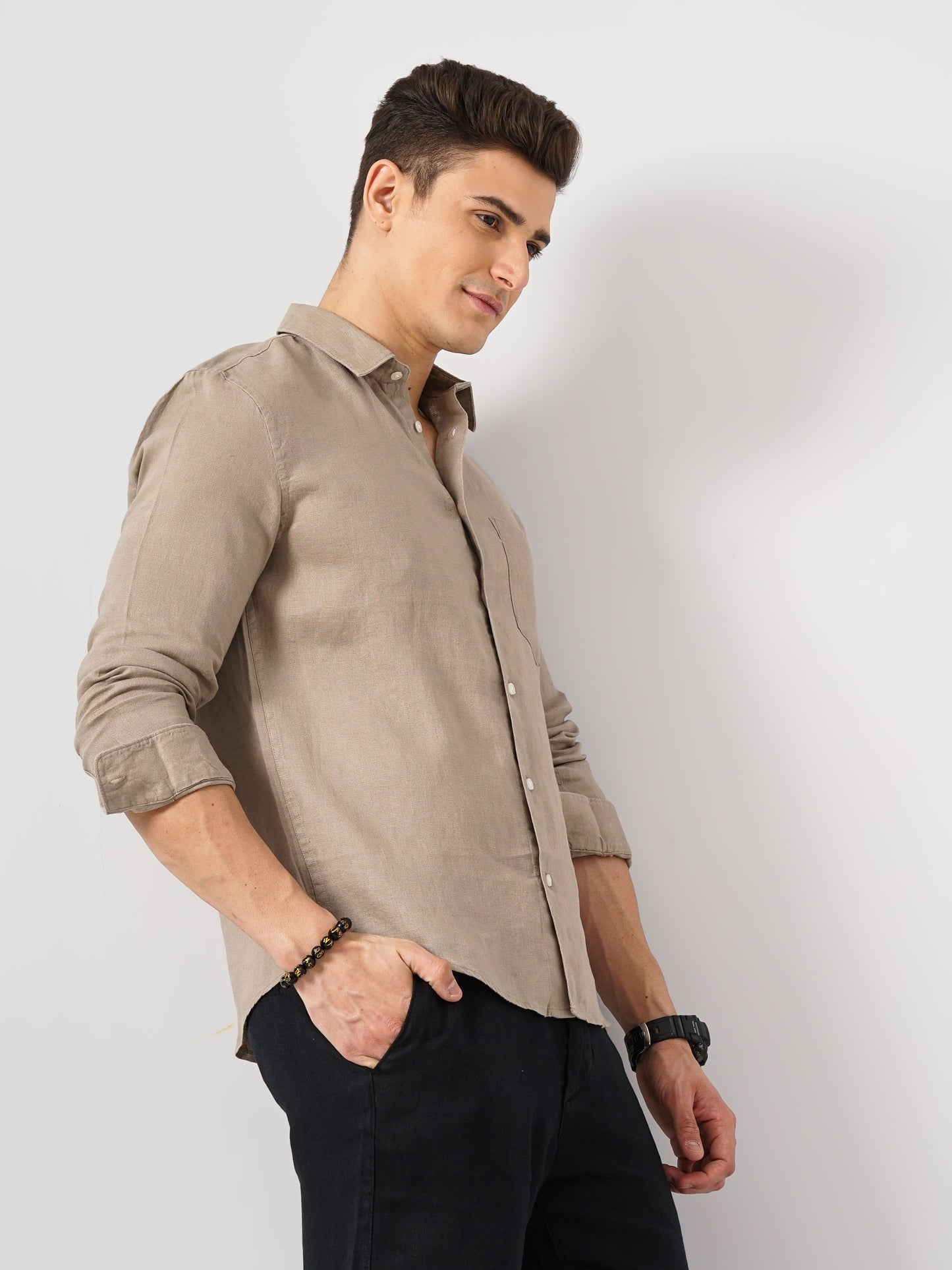 Beige Solid Linen Shirt