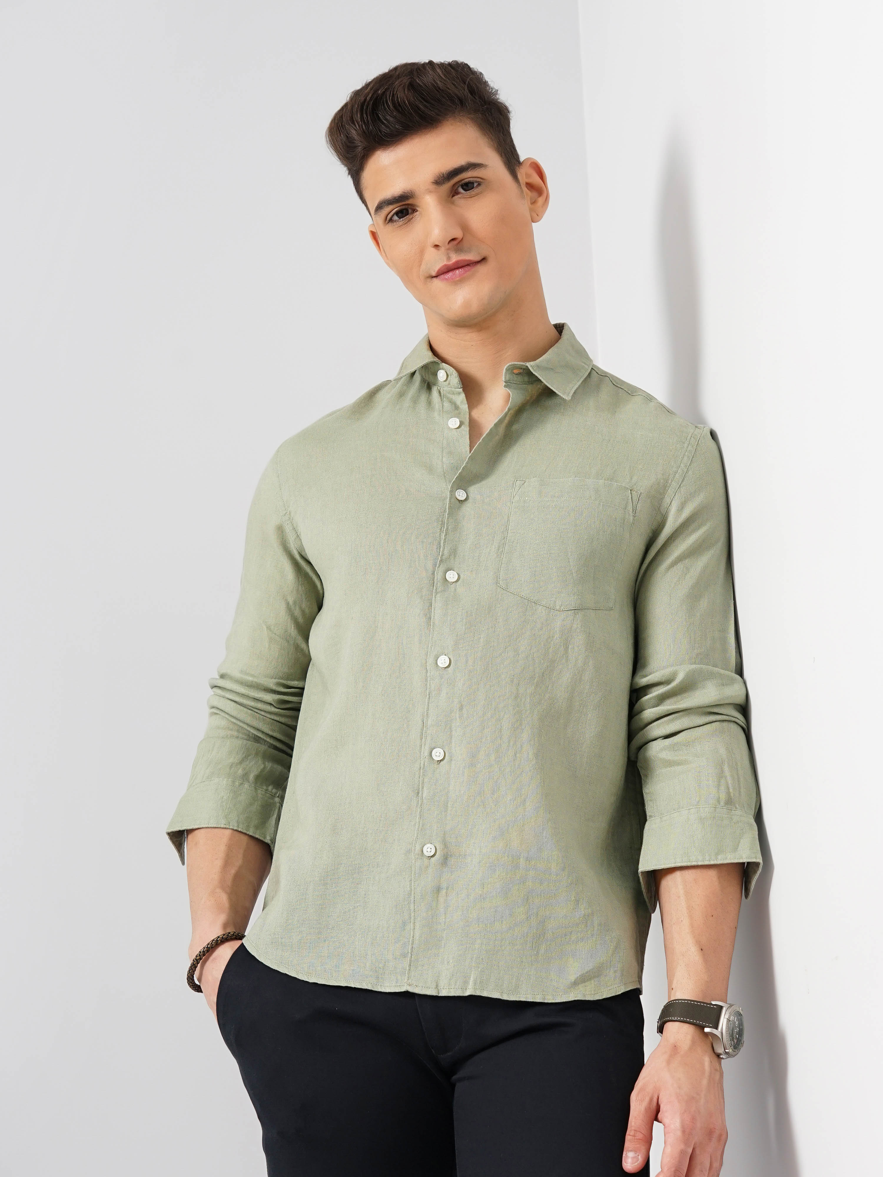 Green Solid Linen Shirt