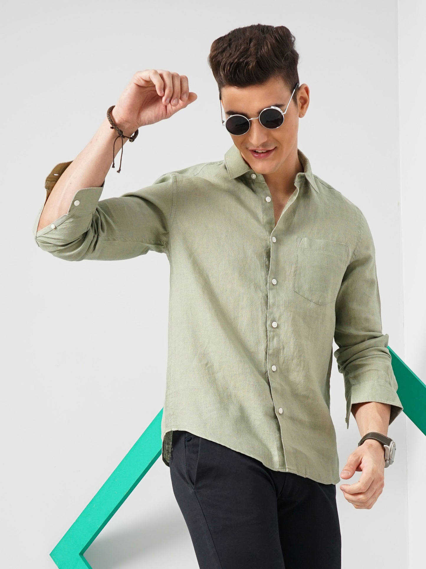 Green Solid Linen Shirt