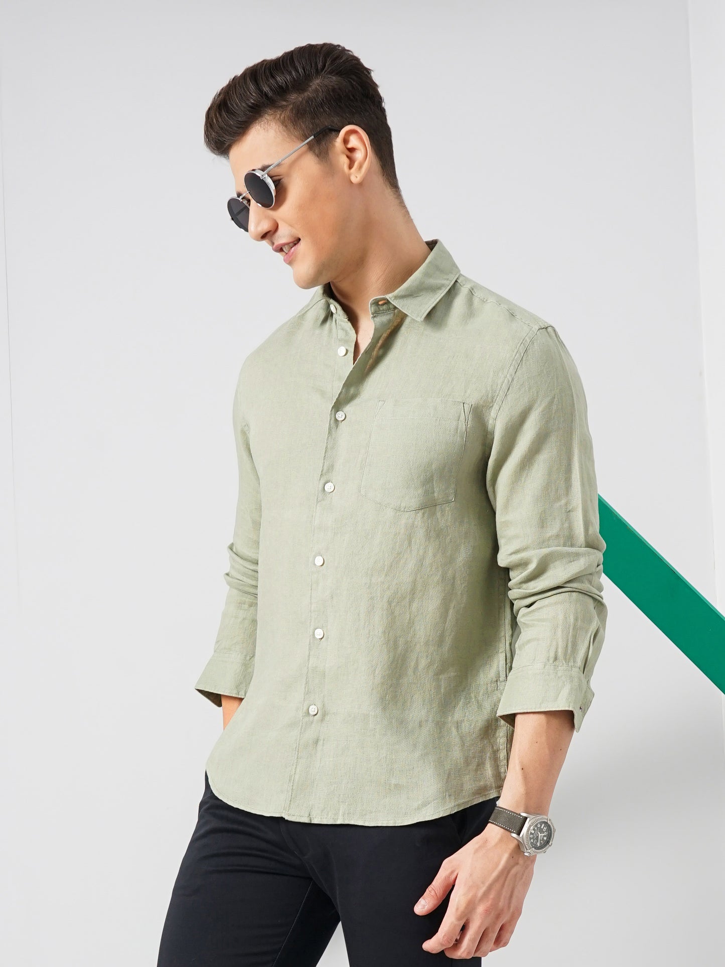 Green Solid Linen Shirt