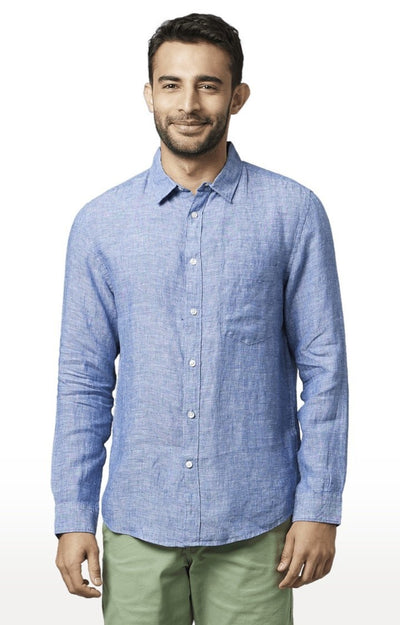 Celio Men Blue Solid Regular Fit Linen Shirts