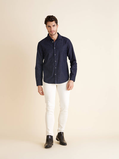 Celio Men Navy Blue Striped Regular Fit Cotton Shirts