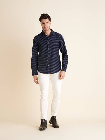 Celio Men Navy Blue Striped Regular Fit Cotton Shirts