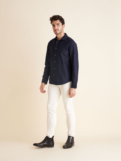 Celio Men Navy Blue Striped Regular Fit Cotton Shirts