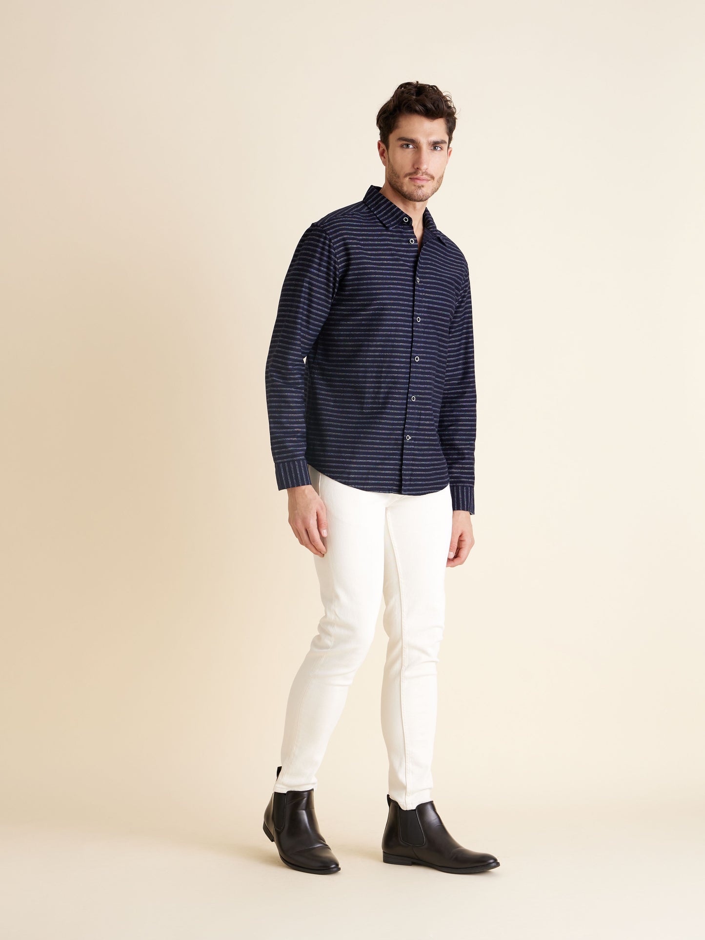 Celio Men Navy Blue Striped Regular Fit Cotton Shirts