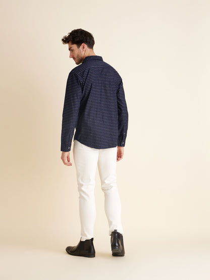 Celio Men Navy Blue Striped Regular Fit Cotton Shirts