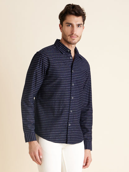 Celio Men Navy Blue Striped Regular Fit Cotton Shirts