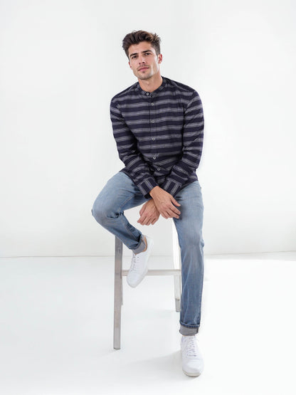 Celio Men Navy Blue Striped Regular Fit Cotton Shirts