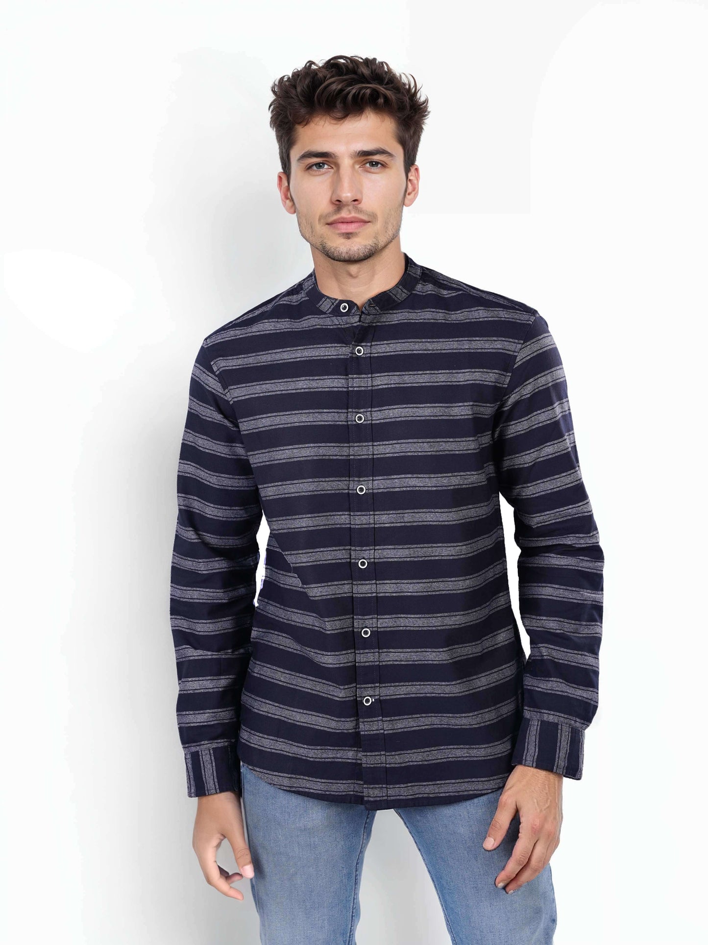 Celio Men Navy Blue Striped Regular Fit Cotton Shirts