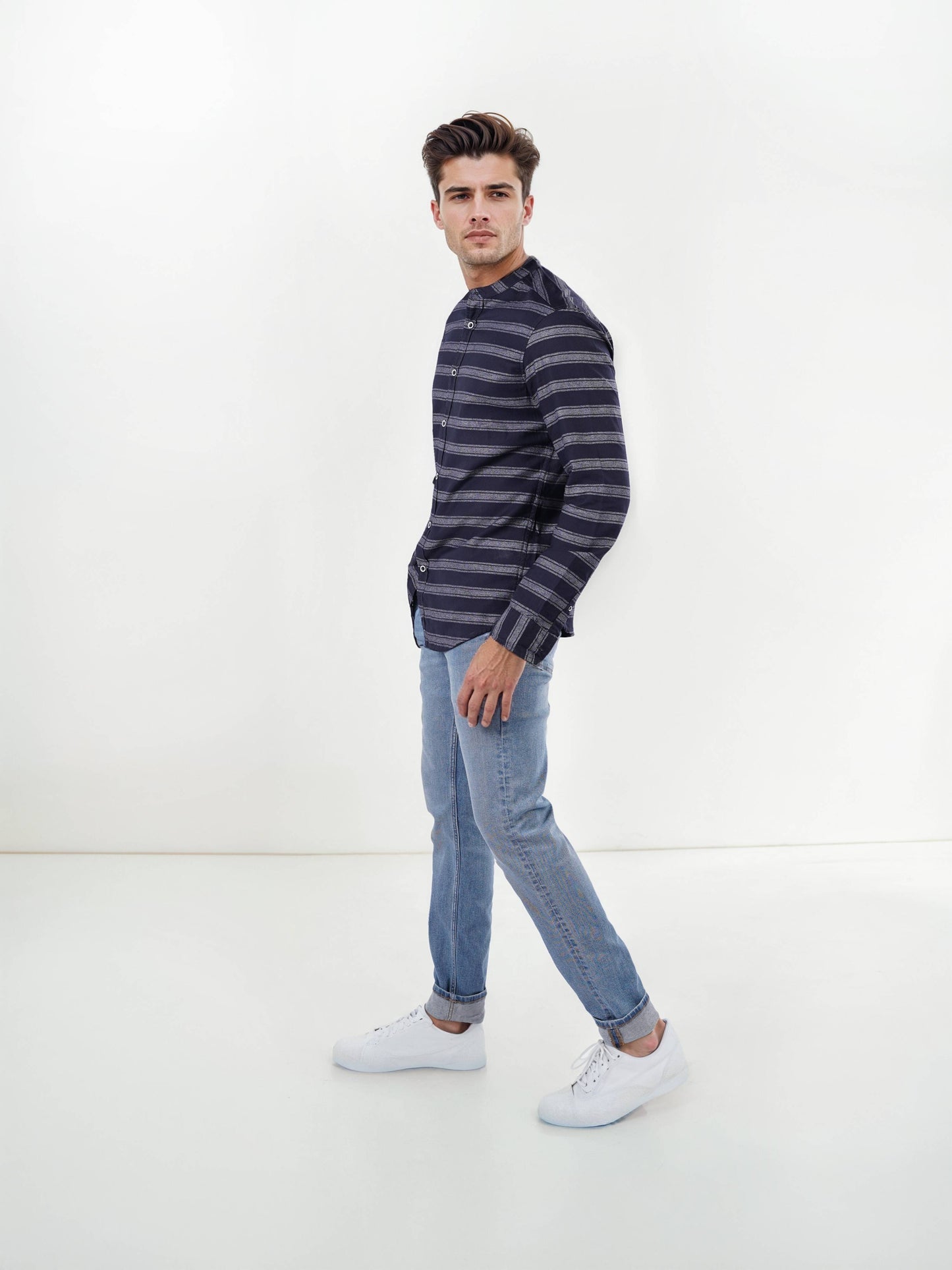 Celio Men Navy Blue Striped Regular Fit Cotton Shirts