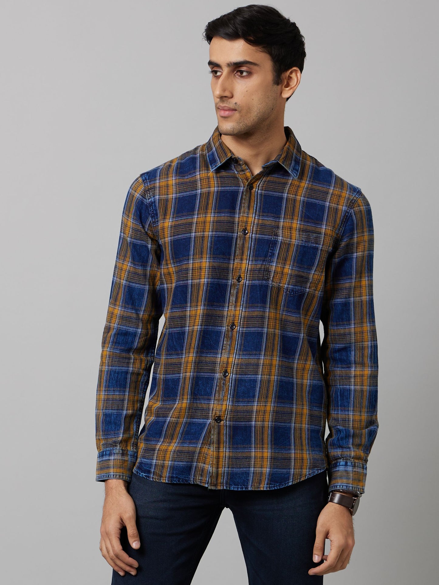 Celio Men Blue Checked Regular Fit Cotton Shirts