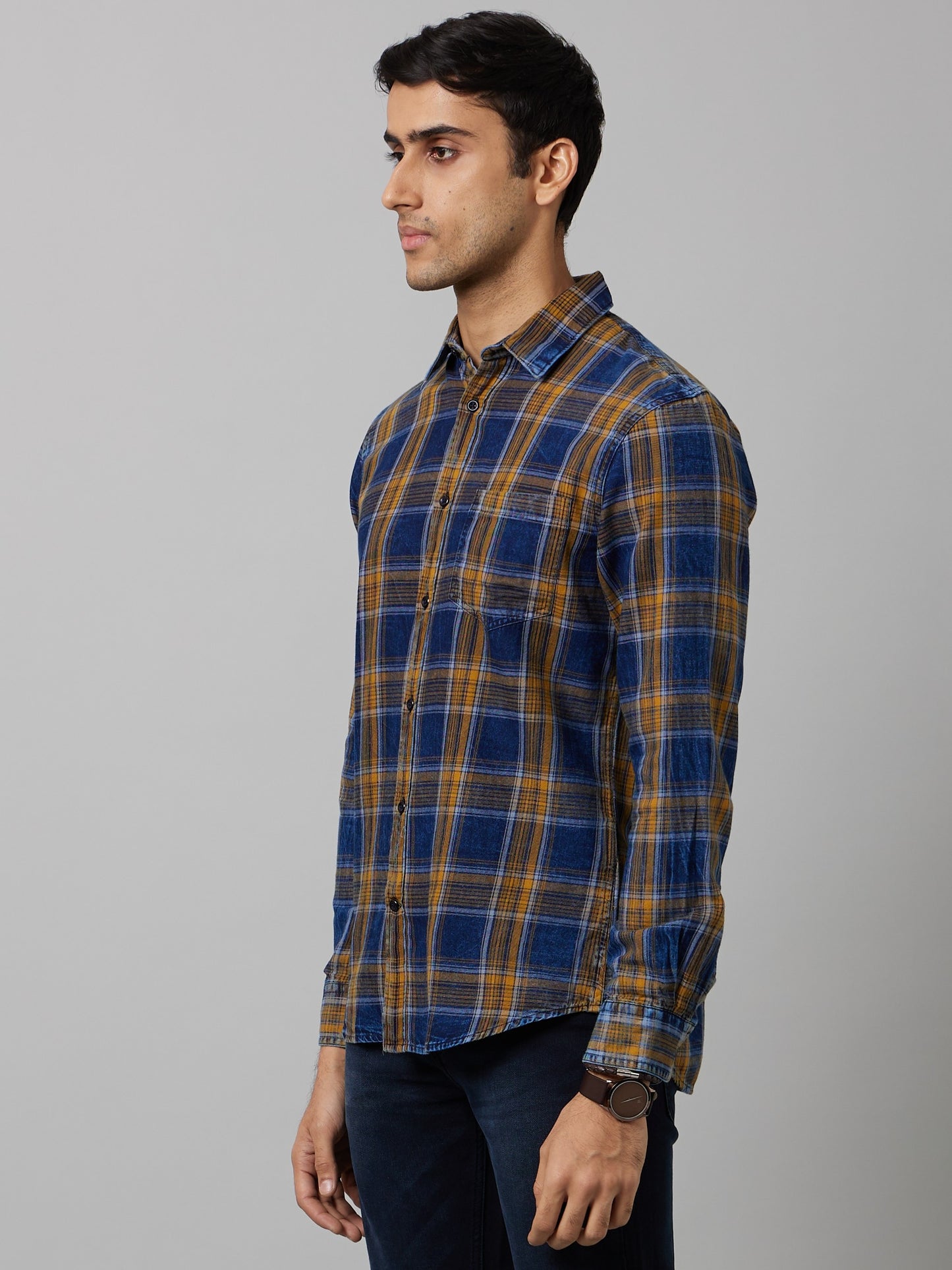 Celio Men Blue Checked Regular Fit Cotton Shirts