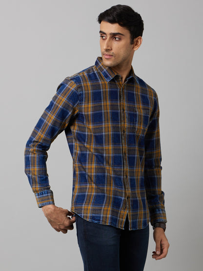 Celio Men Blue Checked Regular Fit Cotton Shirts