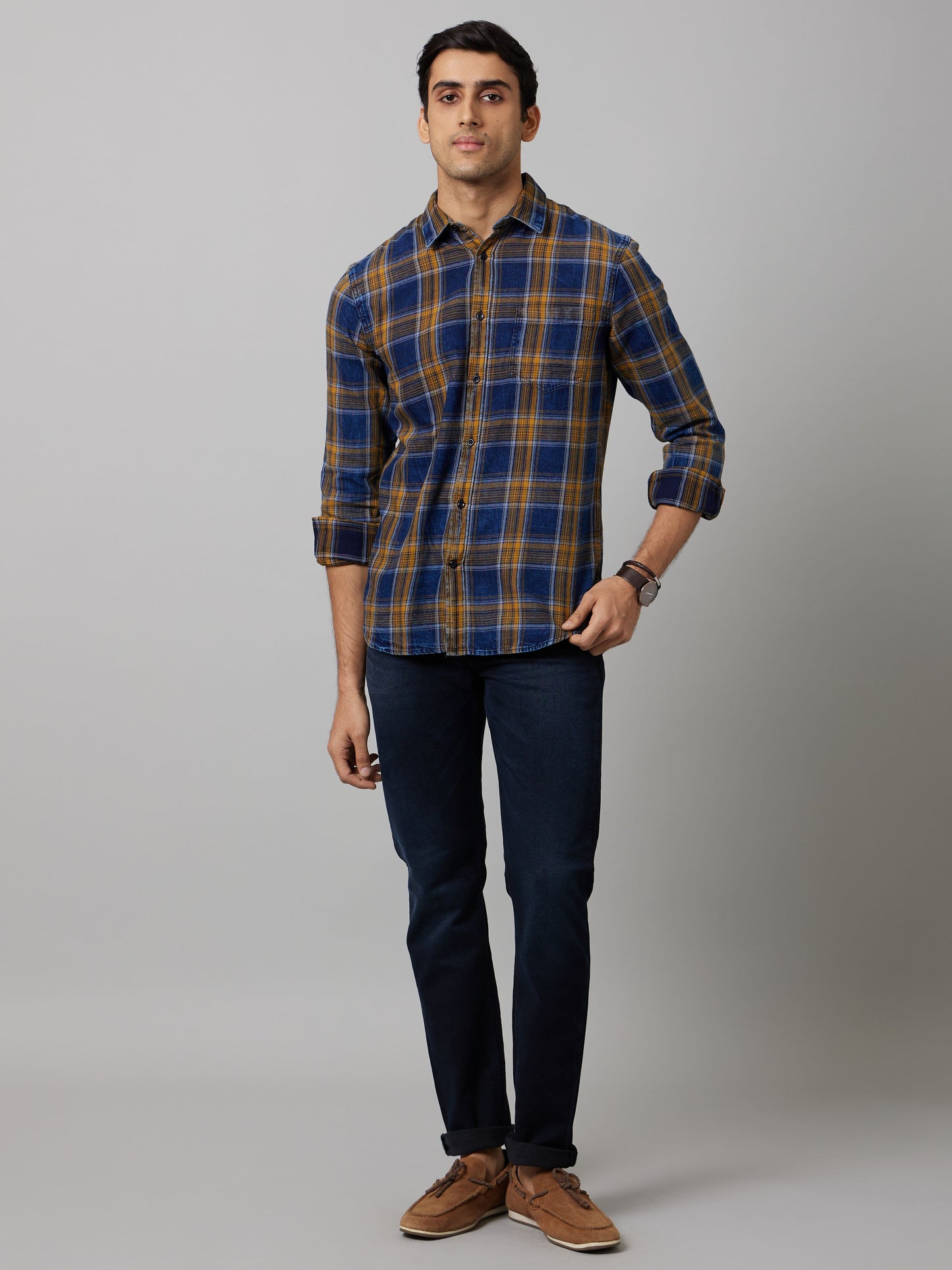Celio Men Blue Checked Regular Fit Cotton Shirts