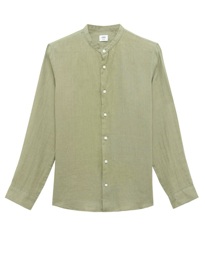 Regular Fit 100% Linen Solid Mao Collar Shirts - Khaki
