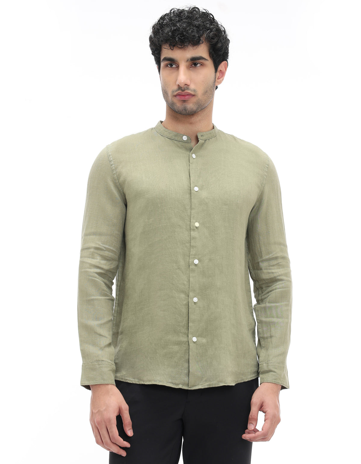 Regular Fit 100% Linen Solid Mao Collar Shirts - Khaki