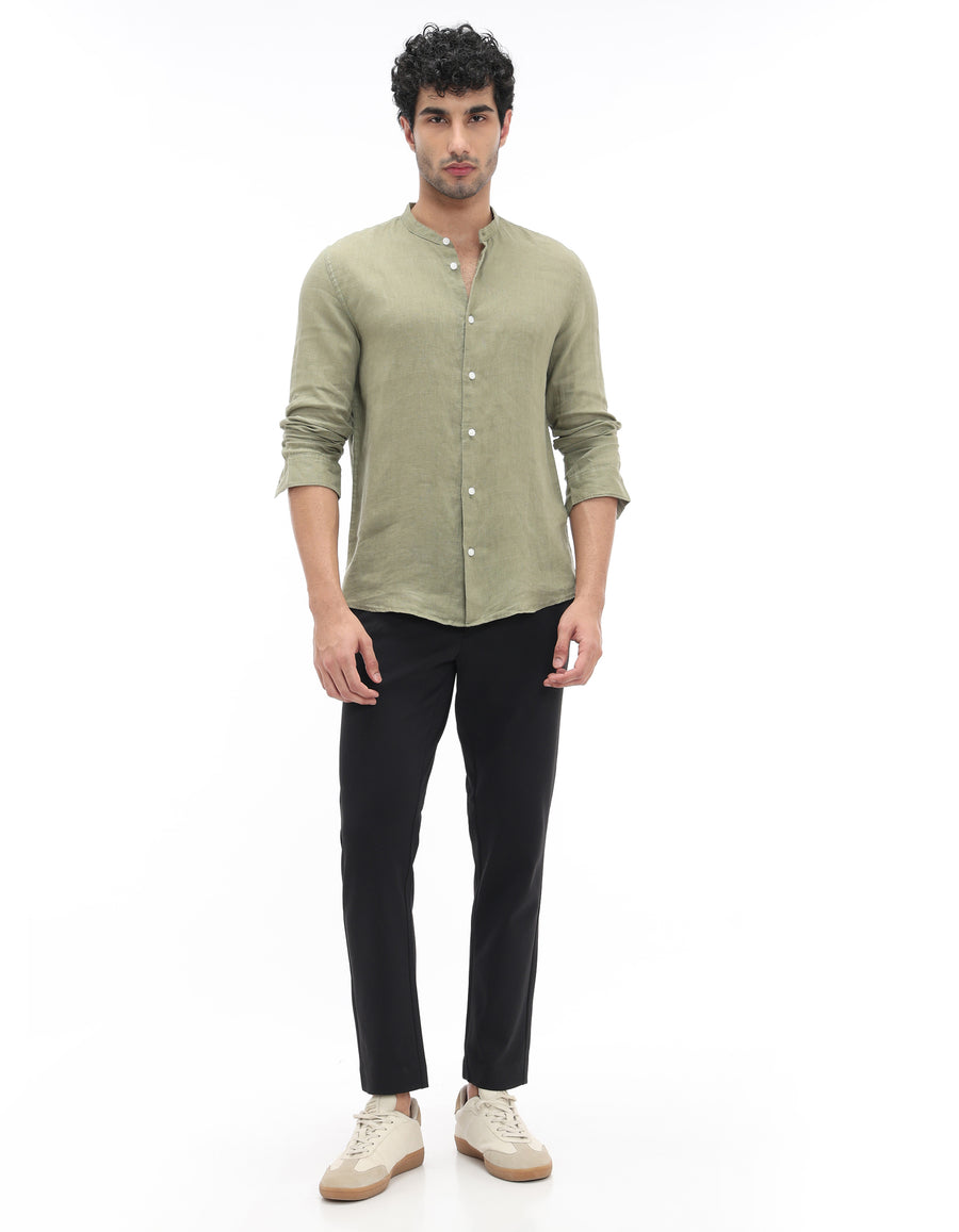 Regular Fit 100% Linen Solid Mao Collar Shirts - Khaki