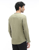 Regular Fit 100% Linen Solid Mao Collar Shirts - Khaki