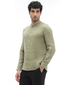 Regular Fit 100% Linen Solid Mao Collar Shirts - Khaki