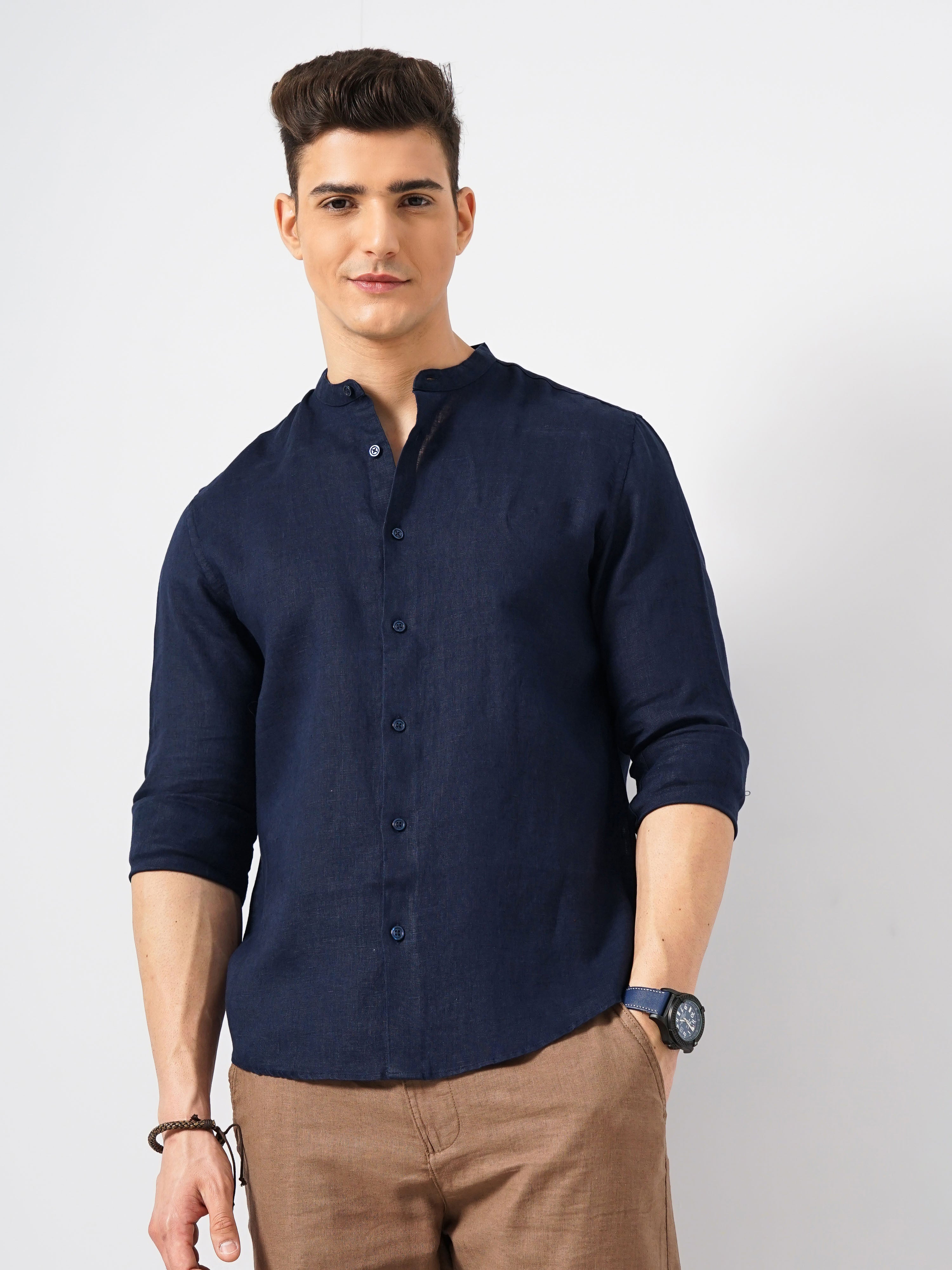 Navy Blue Solid Linen Shirt