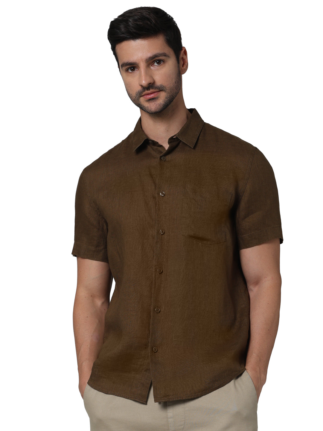 Brown Solid Linen Shirt