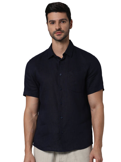 Navy Blue Solid Linen Shirt