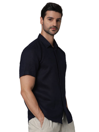 Navy Blue Solid Linen Shirt