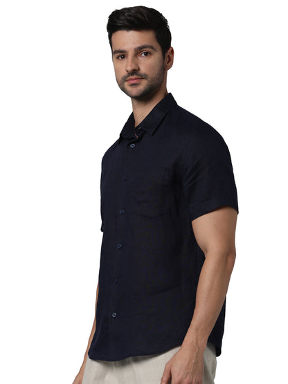 Navy Blue Solid Linen Shirt