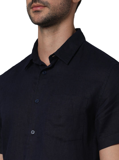 Navy Blue Solid Linen Shirt