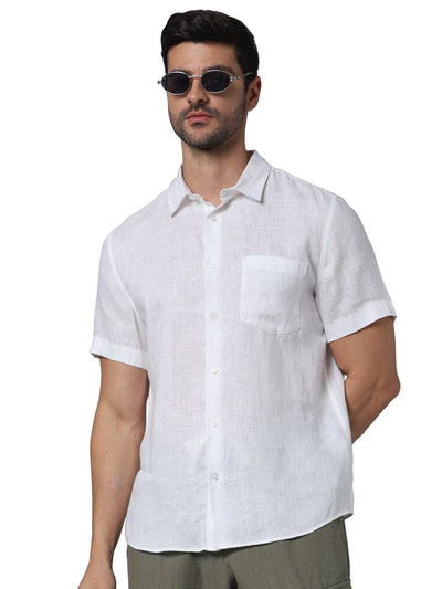 Celio* Men White Solid Regular Fit Linen Shirts