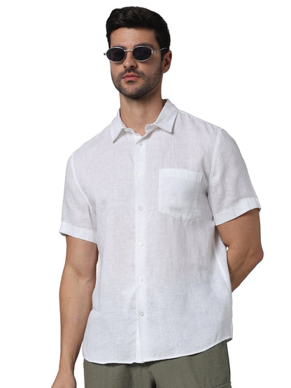Celio* Men White Solid Regular Fit Linen Shirts