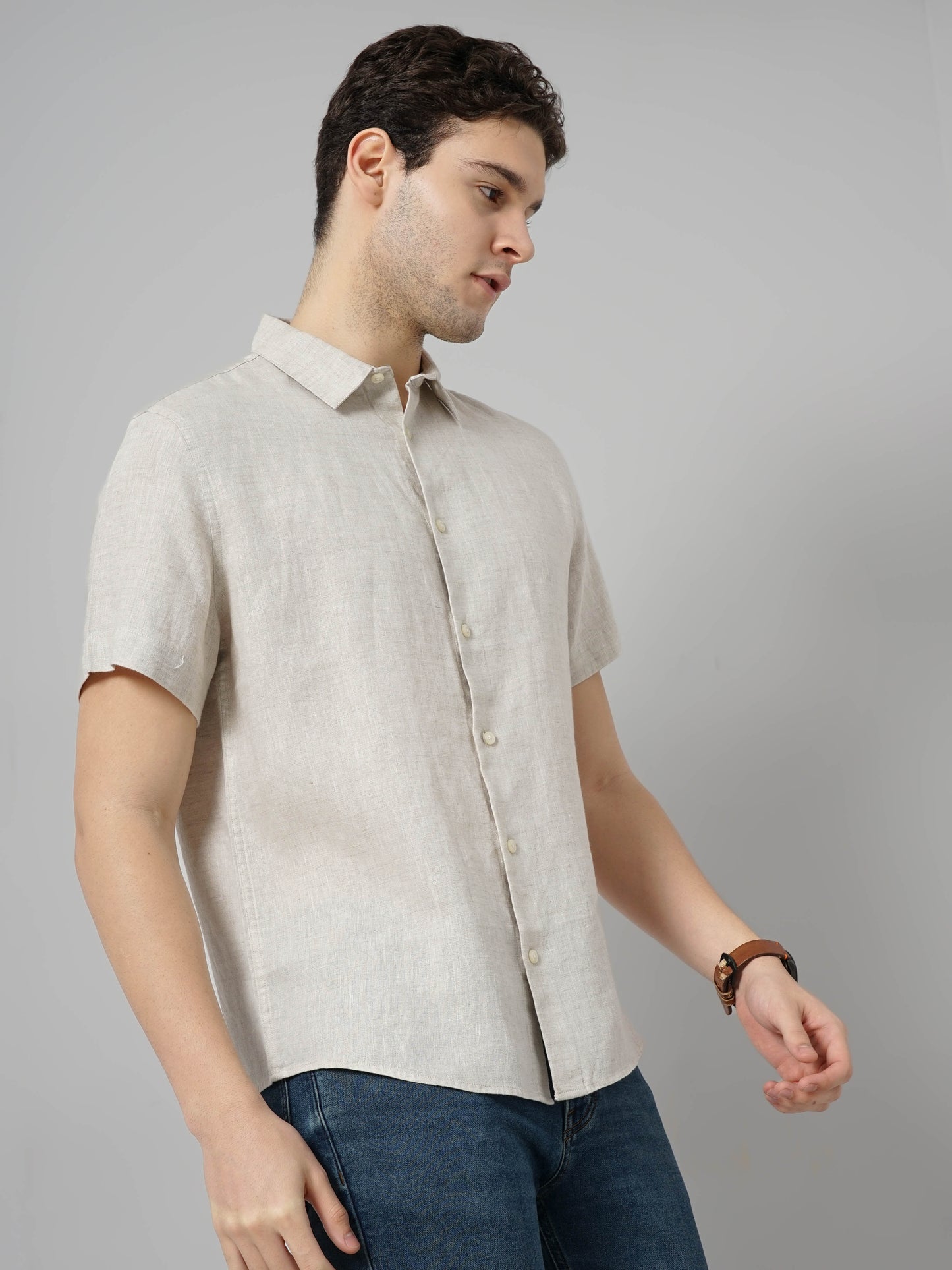 Off White Solid Linen Shirt