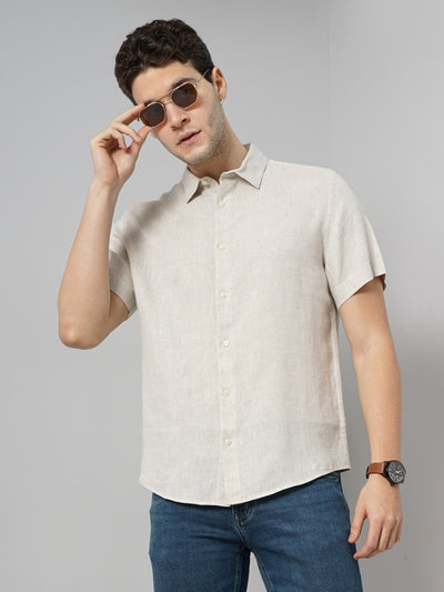 Celio* Solid Regular Fit Linen Beige Shirt