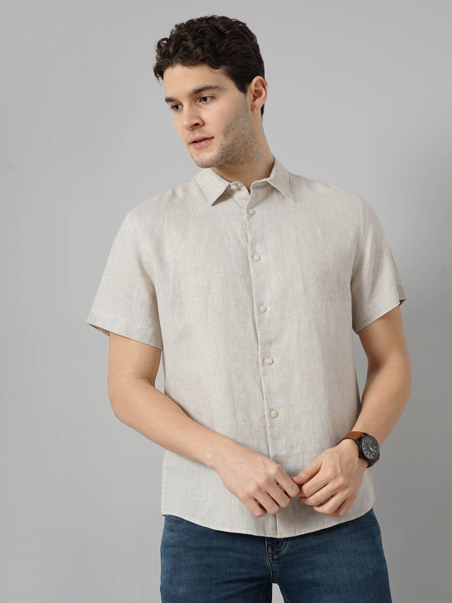 Off White Solid Linen Shirt