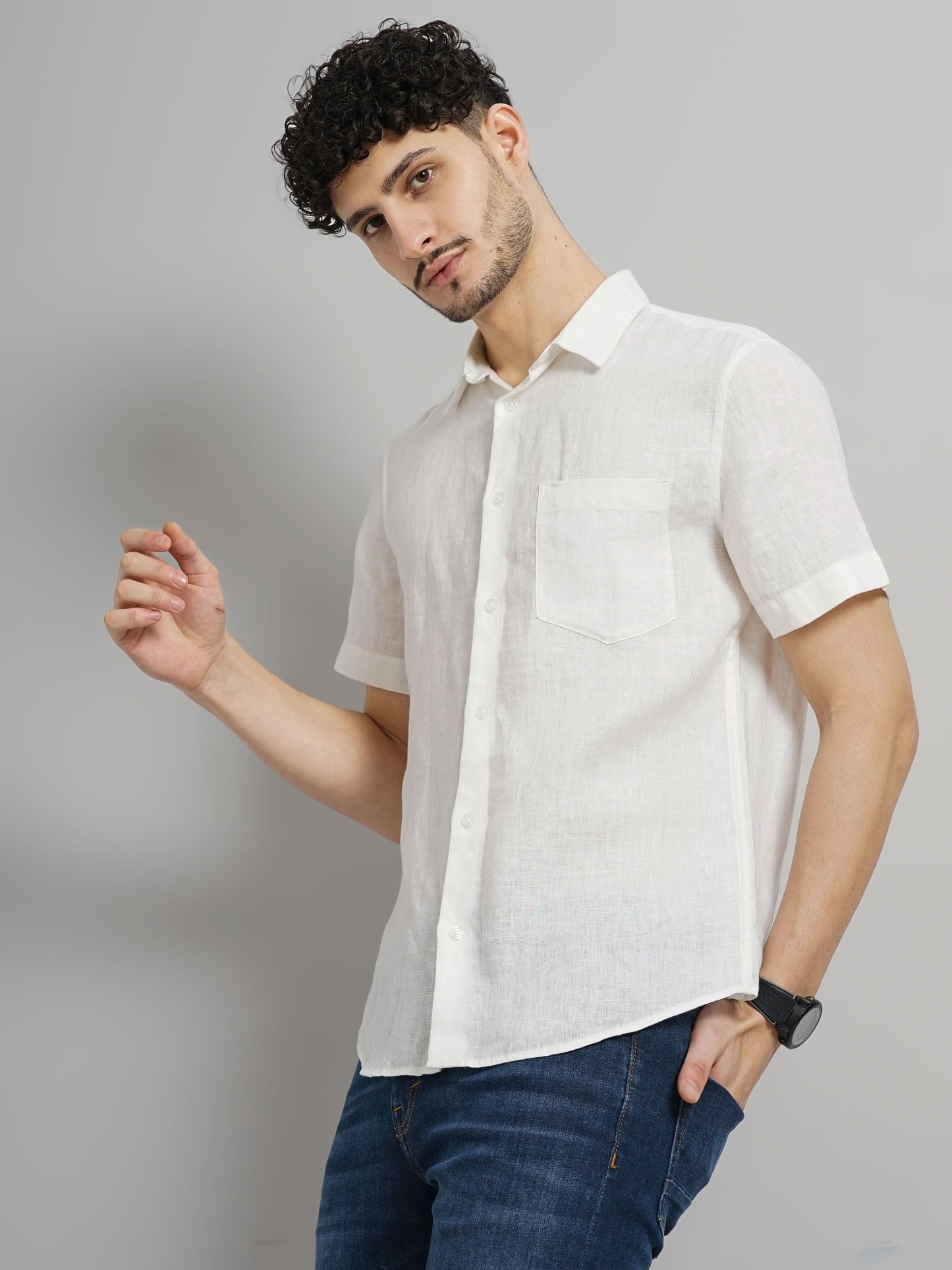 White Solid Linen Shirt