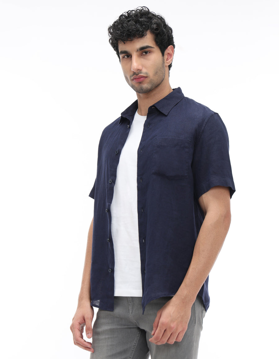 Regular Fit 100% Linen Solid Button Down Collar Shirts - Navy Blue