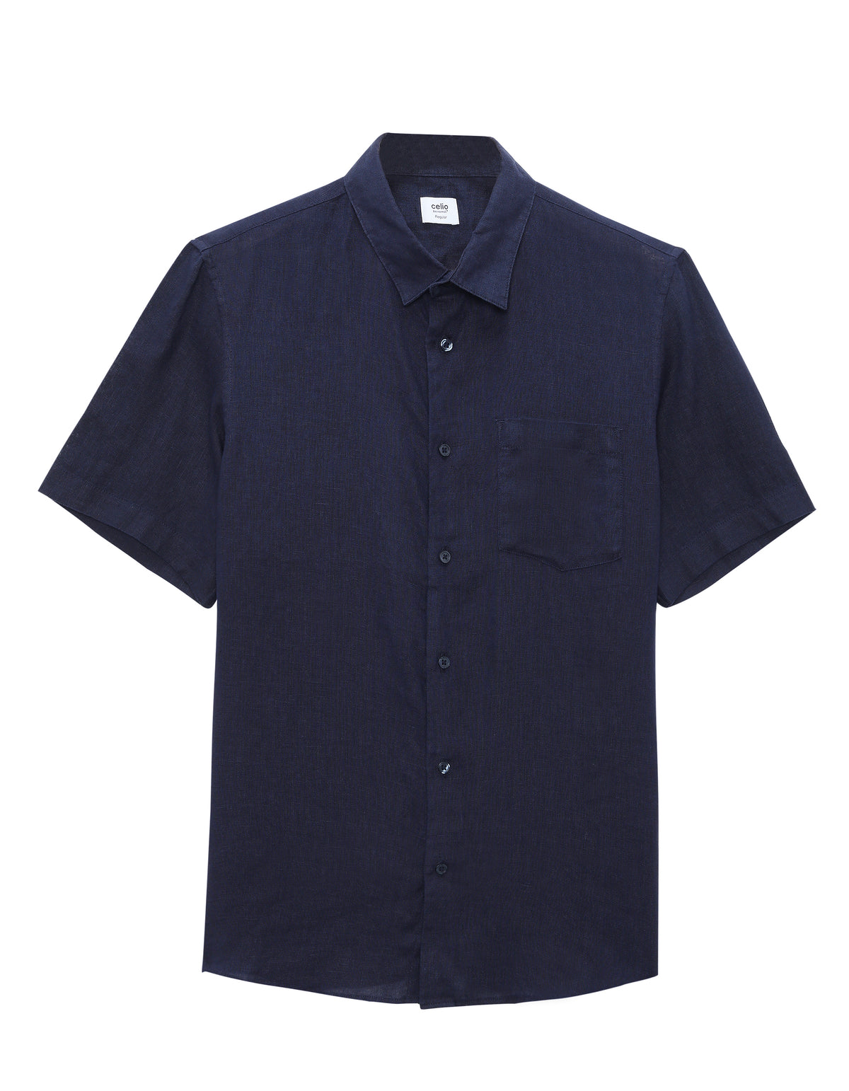 Regular Fit 100% Linen Solid Button Down Collar Shirts - Navy Blue