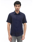 Regular Fit 100% Linen Solid Button Down Collar Shirts - Navy Blue