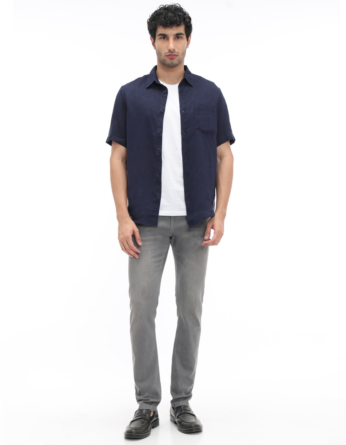 Regular Fit 100% Linen Solid Button Down Collar Shirts - Navy Blue