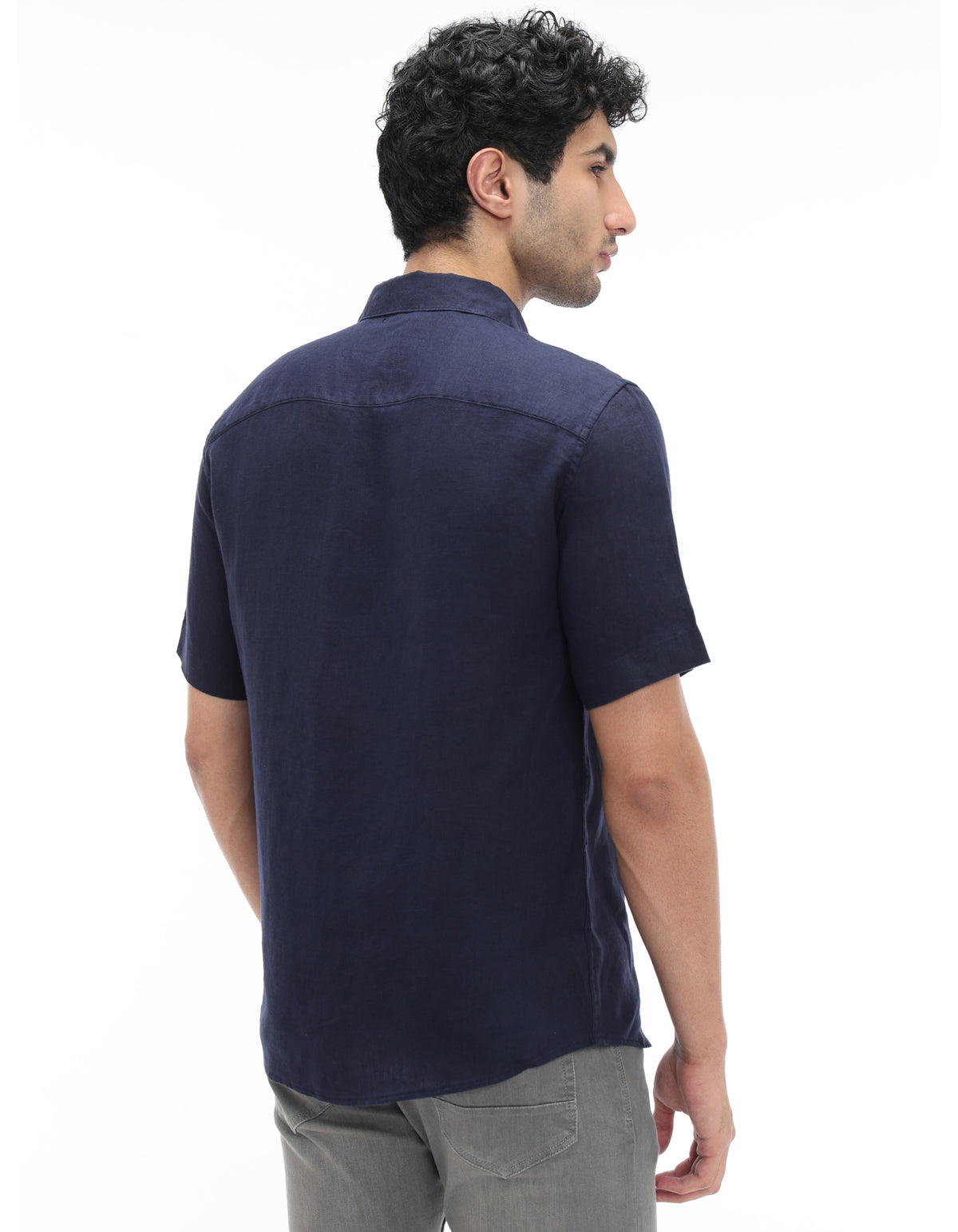 Regular Fit 100% Linen Solid Button Down Collar Shirts - Navy Blue