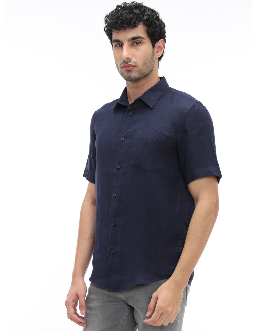 Regular Fit 100% Linen Solid Button Down Collar Shirts - Navy Blue