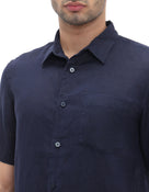 Regular Fit 100% Linen Solid Button Down Collar Shirts - Navy Blue