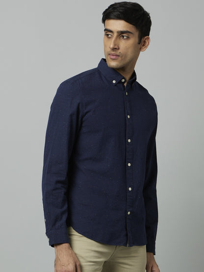 Celio Men Navy Blue Solid Regular Fit Cotton Shirts