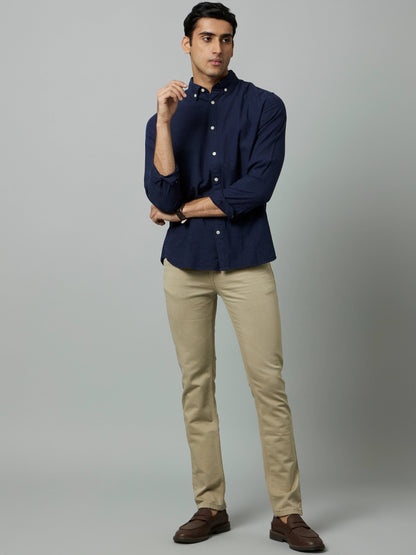Celio Men Navy Blue Solid Regular Fit Cotton Shirts