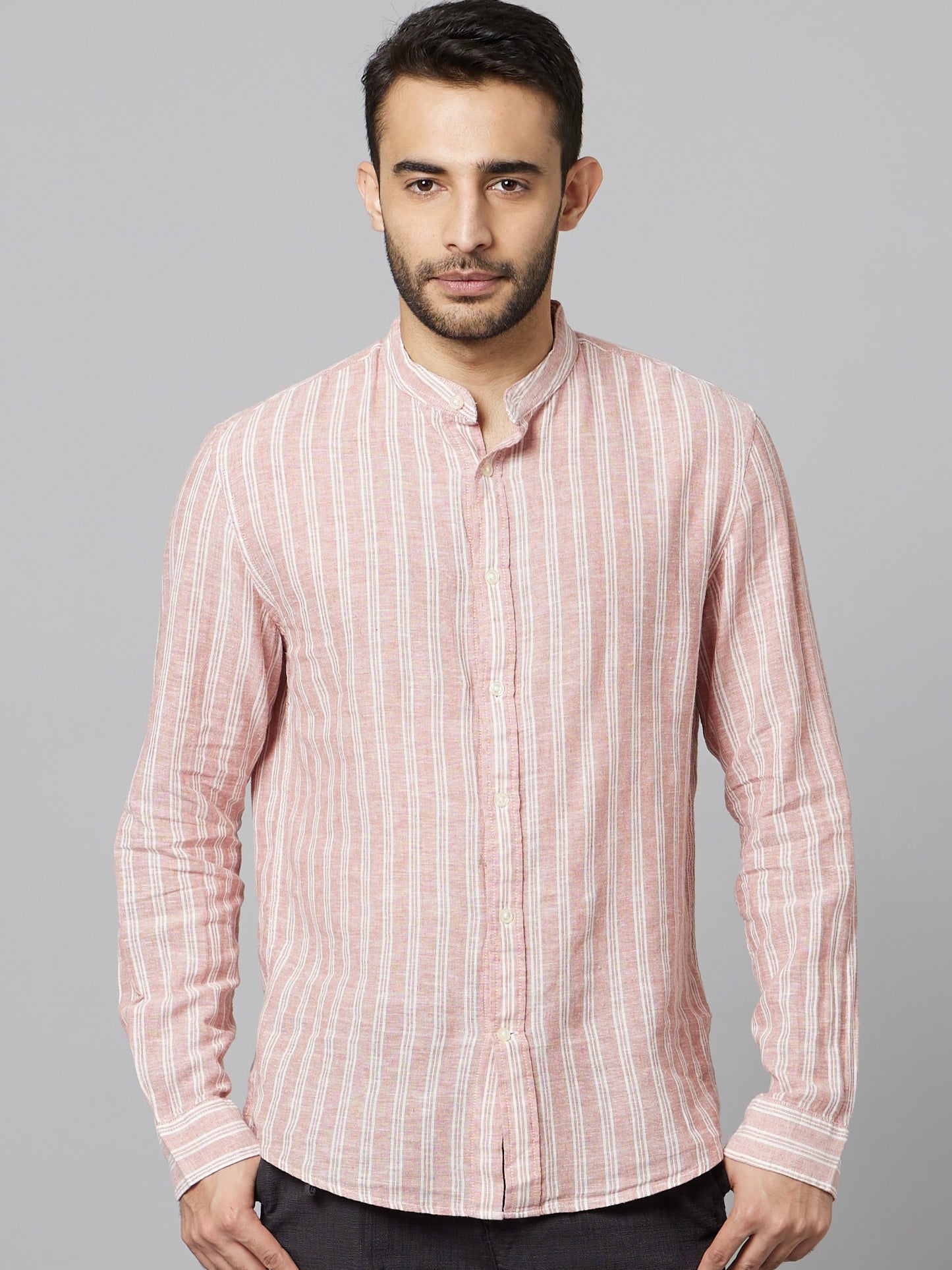 Celio Men Pink Striped Regular Fit Linen Shirts