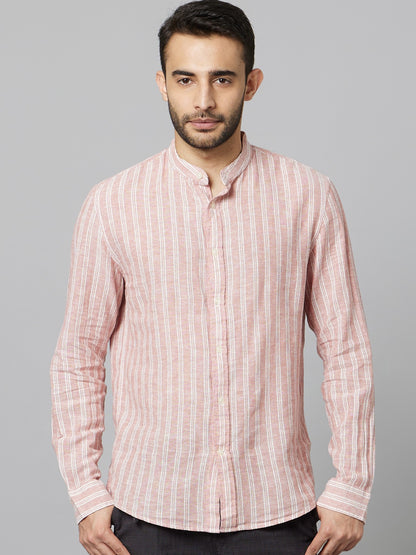 Celio Men Pink Striped Regular Fit Linen Shirts