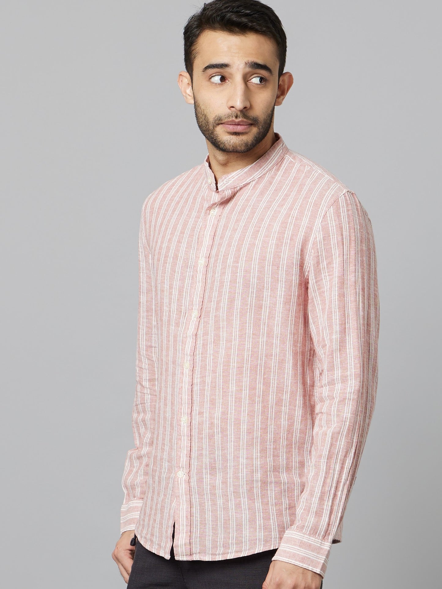 Celio Men Pink Striped Regular Fit Linen Shirts