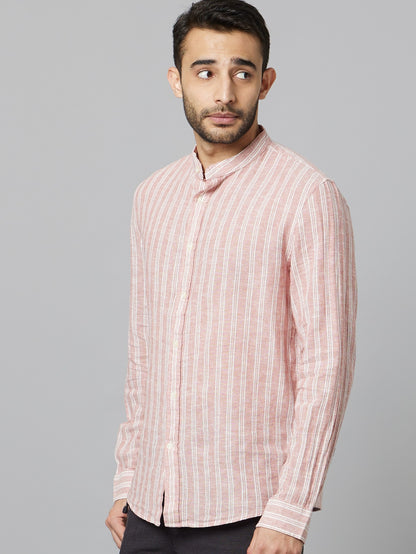 Celio Men Pink Striped Regular Fit Linen Shirts