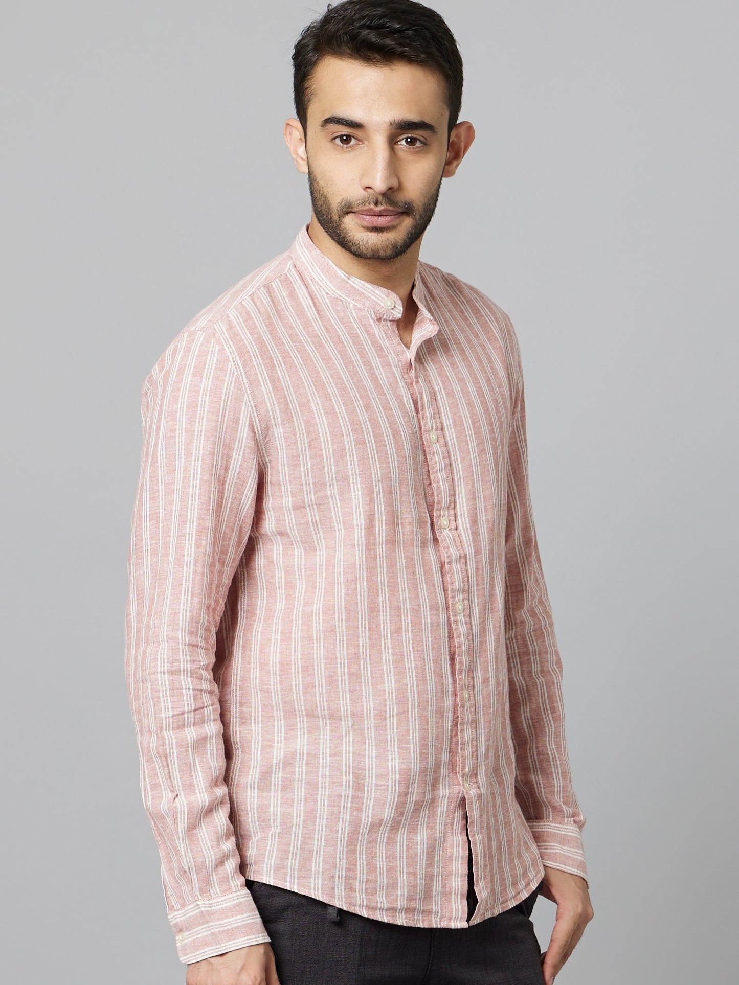 Celio Men Pink Striped Regular Fit Linen Shirts
