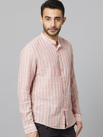 Celio Men Pink Striped Regular Fit Linen Shirts